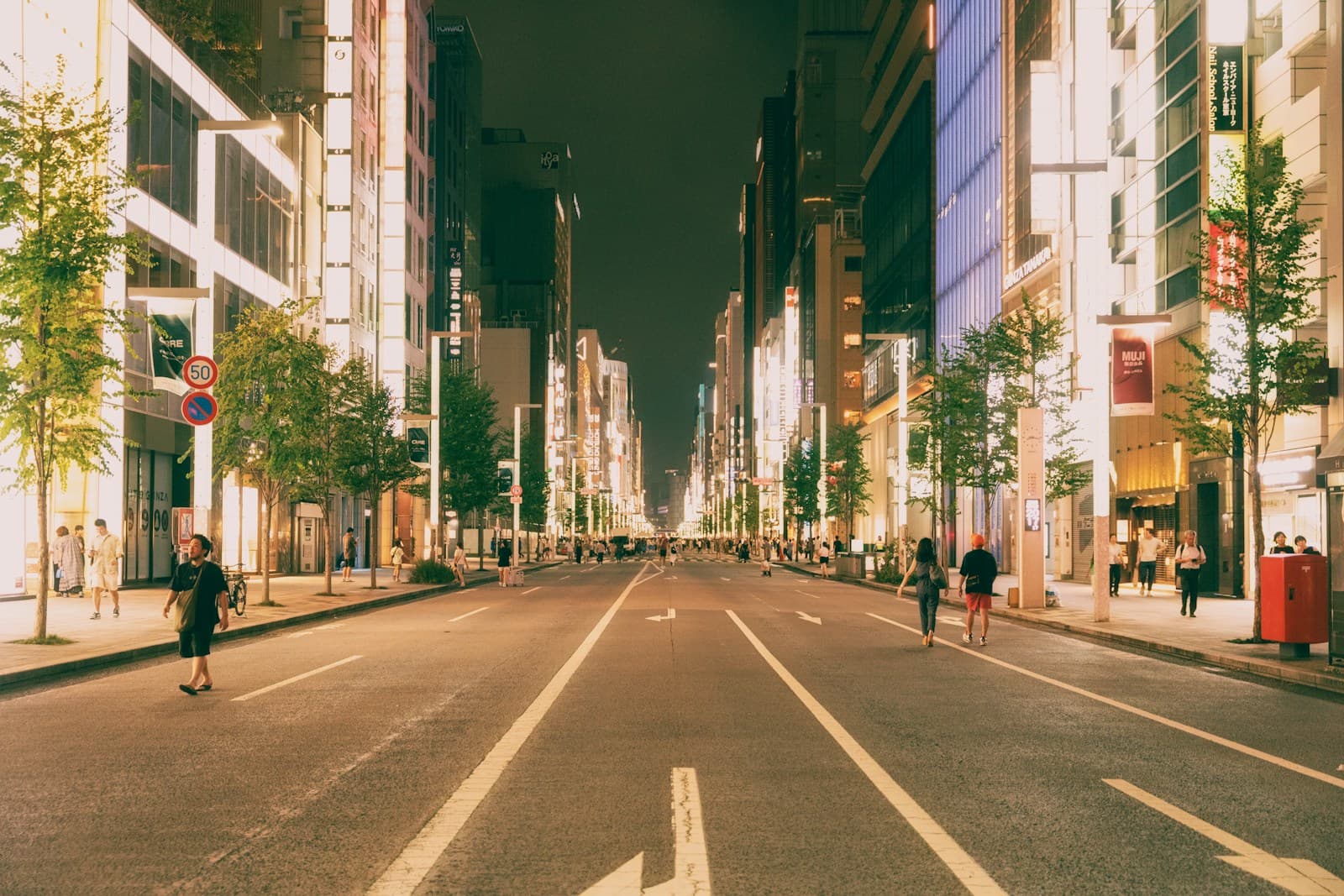 Ginza main street at night with pedestrians on the boulevard